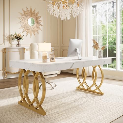 Tribesigns 63-Inch Executive Desk, Modern Office Computer Desk with Stylish Gold Legs, Rectangular Workstation for Home Office, Small Conference Table for Meeting Room (White & Gold)