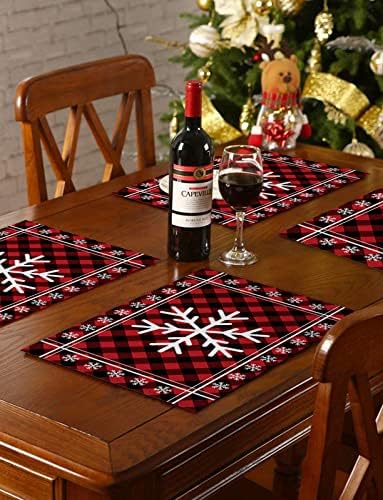 White Christmas Snowflake Placemats Set of 4, Red Black Buffalo Plaid Check Cotton Line Stain Resistant Table Mats Washable Holidays Placemat Decoration For Kitchen Dining Table Rustic Farmhouse