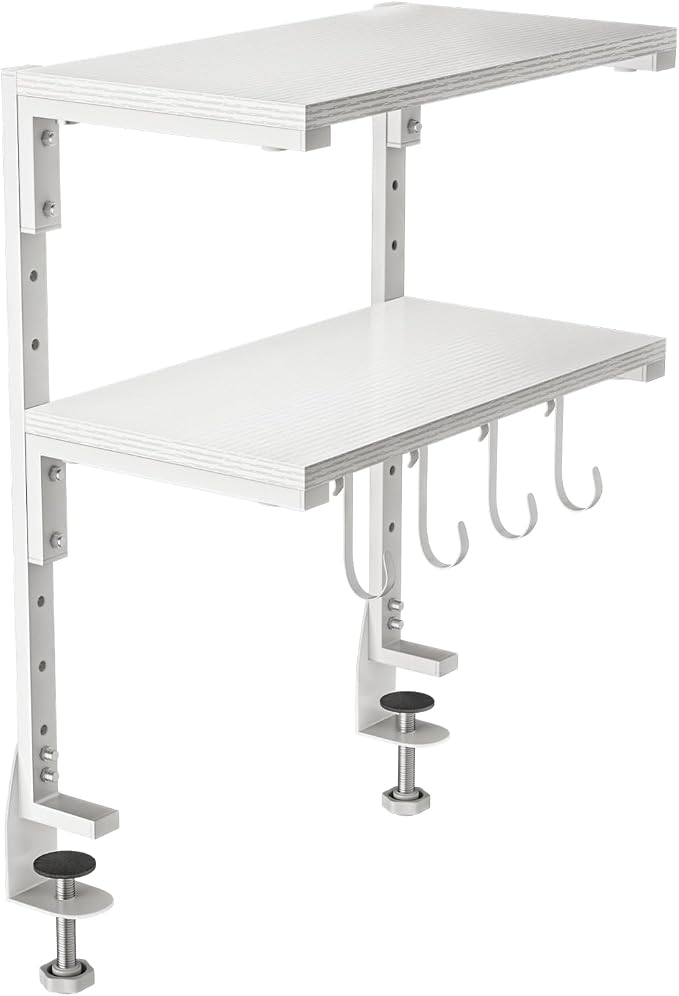 2-Tier Clamp On Desk Shelf, Clamp on Desk Shelf, 13 inch Adjustable Above or Under Wood Desk Storage Shelves, Heavy Duty Desktop Organizer for Working and Gaming Accessories, White