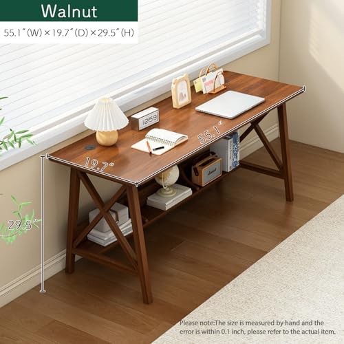 NELYE Extra Long Writing Desk with Bookshelf, 55" Wx20 Dx30 H, Walnut