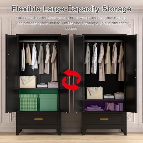 Washsemba 71'' Black Farmhouse Metal Wardrobe Cabinet with Hanging Rod, 2 Barn Door Wardrobe Closet with Adjustable Shelves,Drawer,for Dining Room,Bedroom,Living Room, Cloak Room,Office