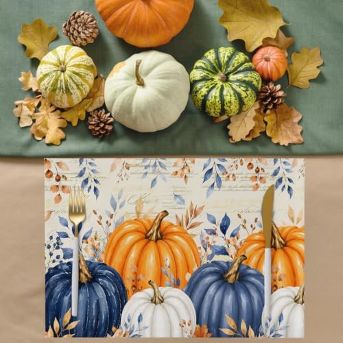 Fall Thanksgiving Placemats Set of 4, Orange Navy Blue Pumpkin Heat Resistant Washable Dining Table Mats Fall Holiday Farmhouse Decor for Kitchen&Linens Outdoor Indoor, Harvest Autumn Leaves