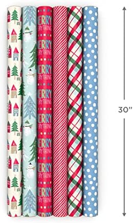 Hallmark Cute Recyclable Christmas Wrapping Paper (6 Rolls: 180 Sq. Ft. Total) Red, Blue, Green Plaid, Merry Everything, Colorful Houses, Snowmen and Trees, Dots, Stripes