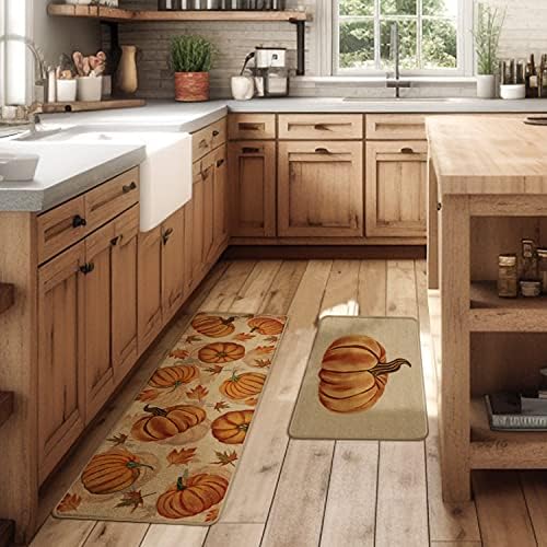Fall Pumpkin Kitchen Mats Set of 2, Autumn Kitchen Rugs, Non-Slip Absorbent Door Mats, Seasonal Thanksgiving Home Decor Kitchen Floor Mat 17x29 and 17x47 Inch DM087