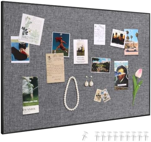 SELEAD Linen Bulletin Board 30” x 20” - Black Aluminum Frame, Grey Fabric