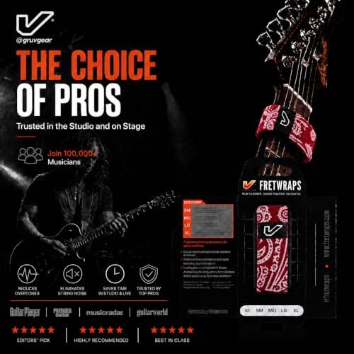 Gruv Gear Fret Wrap & Guitar Mute, Fretwrap for Acoustic, Electric & Bass | String Dampener Recording, Tapping & Practice Accessory (1 Pack, Medium Bandana Red, Fits 5 String Bass, 7 String Guitar)