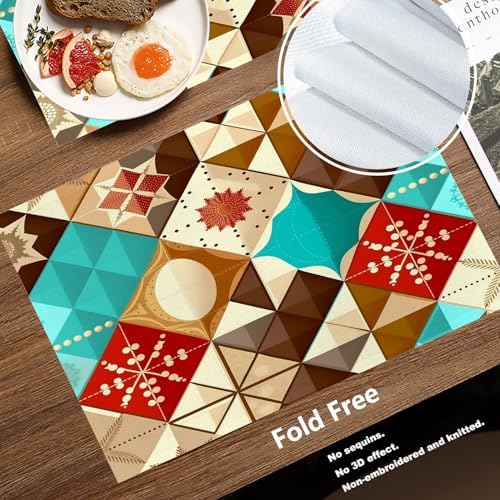 Batmerry Christmas Abstract Patchwork Linen Placemats Set of 4, New Year Winter Blue Geometric Washable Table Mats for Kitchen Table Thickened Heat Insulation Dining Set Indoor Outdoor 12X18 in