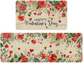Valentines Day Kitchen Mat Set 2 Piece,Floral Love Hearts Red Rose Flowers Decorative Kitchen Rugs,Valentine's Day Low-Profile Mats for Home Kitchen Decor 17"x48"+17"x30"