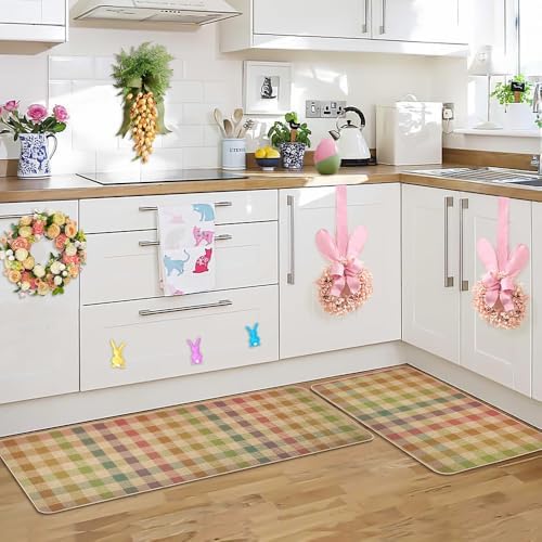 Decorhua Easter Kitchen Mats for Floor 2 piece Set, Spring Kitchen Rugs Non Slip Washable, Buffalo Check Style Kitchen Decor Farmhouse 17x29 and 17x47 Inch DM198