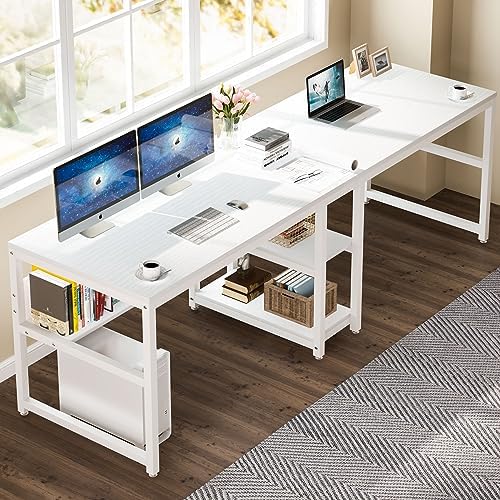 Tribesigns Two Person Desk with Bookshelf, 78.7 Computer Office Double Desk for Two Person, Rustic Writing Desk Workstation with Shelf for Home Office (White)