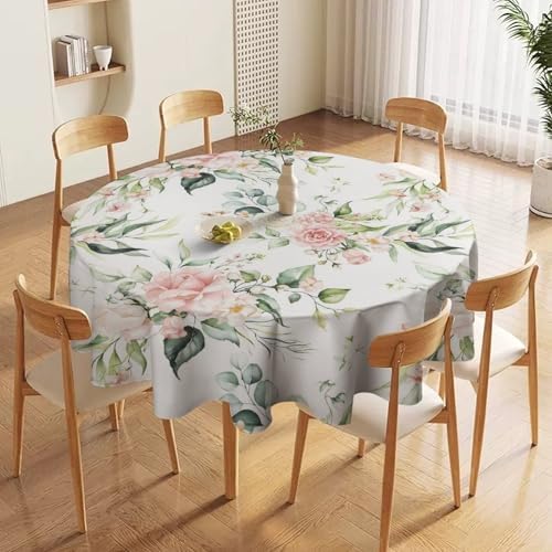 Pink Flowers Tablecloth, Watercolor Sage Green Eucalyptus Leaves Branches Floral Print Table Cloth for Picnic Party Dining Room Home Decor, 60x60in