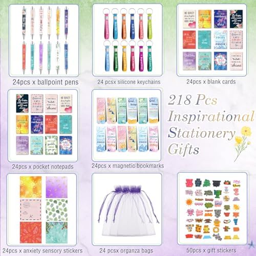 Pasimy 218 Pcs Inspirational Stationery Gifts Motivational Mini Notepad Pen Quote Bookmarks Stress Relief Stickers Inspiring Silicone Keychains for Home Office Appreciation Gift(Plant)
