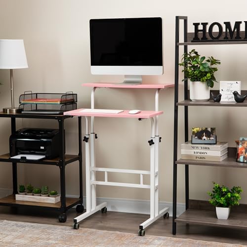 Mind Reader Standing Desk, Adjustable Height Laptop Workstation, Portable Rolling Desk on Wheels, Two-Tier Metal Frame, Pink