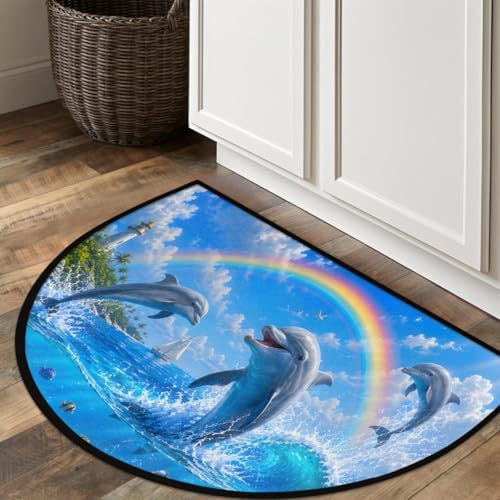 Cute Ocean Dolphins Summer Half Round Door Mat, Non-Slip Welcome Indoor Entrance Way Rug Semi Circle Front Doormats Washable Bathroom Kitchen Floor Mat, Outdoor Rugs for Garage, Patio, Hearth Rug,B-1