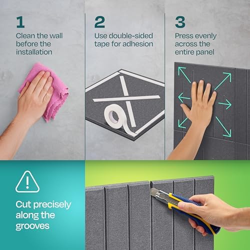 Acoustic Panels 12-Pack Soundproof Wall Panels 12"x12"x0.4" Decorative Sound Dampening for Your Home, Office, Studio, Bedroom & More with Unique LineWave Carving [Pebble Gray]