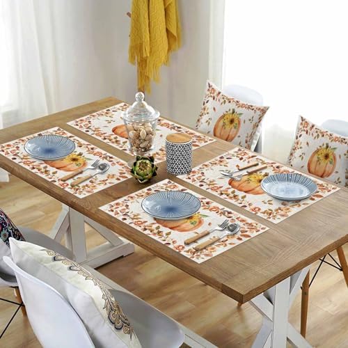Boho Fall Placemats Set of 6, Thanksgiving Watercolor Pumpkins Heat Resistant Washable Table Place Mats Sunflowers Eucalyptus Table Linens Party Holiday Decor for Home Kitchen Dining Outdoor Indoor,