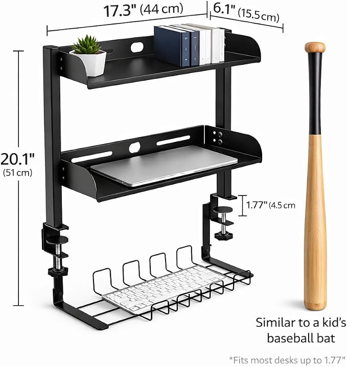 Clamp On Desk Shelves Organizer, Adjustable 2-Tier Desk Storage Rack with Large Trays, Phone Stand & Headphone Hook, No-Drill Setup for Office & Gaming Desks