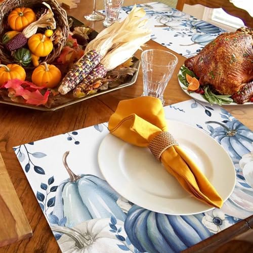 Fall Thanksgiving Placemats Set of 4, Blue White Pumpkin Heat Resistant Washable Dining Table Mats Fall Holiday Farmhouse Decor for Kitchen&Linens Outdoor Indoor, Autumn Flowers Eucalyptus Leaves