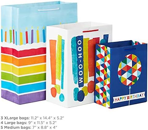 Hallmark Gift Bag Assortment, 12-Pack, 3 Sizes (Birthday, Stripes, Dots)