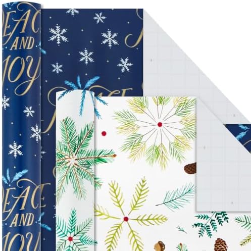 Hallmark Holiday Wrapping Paper Bundle with Cut Lines on Reverse, Elegant Woodland (Pack of 4, 120 sq. ft. TTL) Peace and Joy, Deer, Pinecones, Snowflakes, Blue, Gold