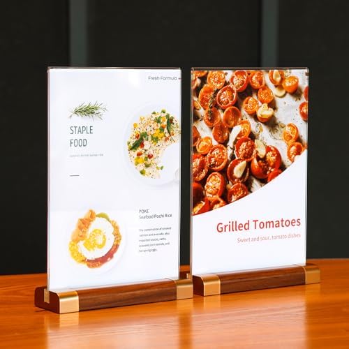 LIANHELILAI Acrylic Sign Holder 5" x 7" with Wood-Color Base, Tabletop Double-Sided Display Sign Frame Vertical Clear for Store/Coffee Shop/Restaurant Menu Hotel Display Board, 3 Pack T Shape