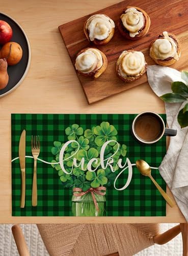 Shamrock Clover Green Buffalo Plaid Placemats Set of 4, Irish Spring Cotton Linen Table Mats Non-Slip Washable Dark Green Check Shamrock St. Patrick's Day Leaf Placemat for Dining Kitchen Table Decor