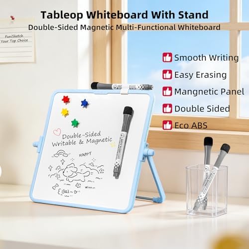 Colorful Dry Erase White Board 9.7x9.7in, Magnetic Desktop Board with Stand, 2 Markers (Eraser Head), 4 Magnets - Double-Sided Easel for Daily Planning, Memo, Office/Home/School (Blue)
