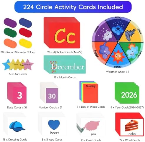 Circle Time Learning Center Classroom Pocket Chart, Circle Time Calendar Preschool Include 224 Cards, Educational Pocket Chart Material, Learning Calendar Weather Letter Counting Color Shape