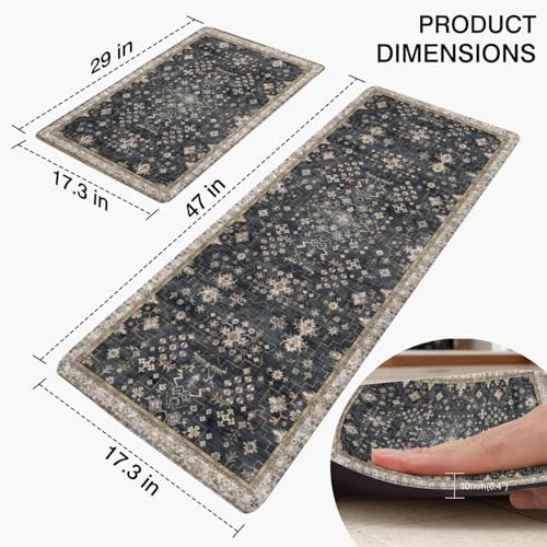 Boho Cushioned Anti Fatigue Mats for Kitchen Floor,Modern Farmhouse Charcoal Floral Non-Slip Water Resistant Runner Comfort Foam Standing Rugs Non Skid for Home Sink,Office,Laundry 17"x47"+17"x30"