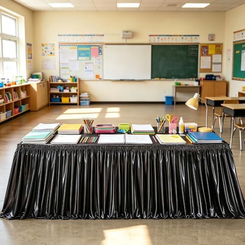 Wish Care 14ft Black Satin Table Skirt for Rectangle Tables Wrinkle Free Teacher Desk Skirt Glitter Ruffle Table Skirting Cloth for Back to School Classroom Office Dorm Birthday Party Table Decor