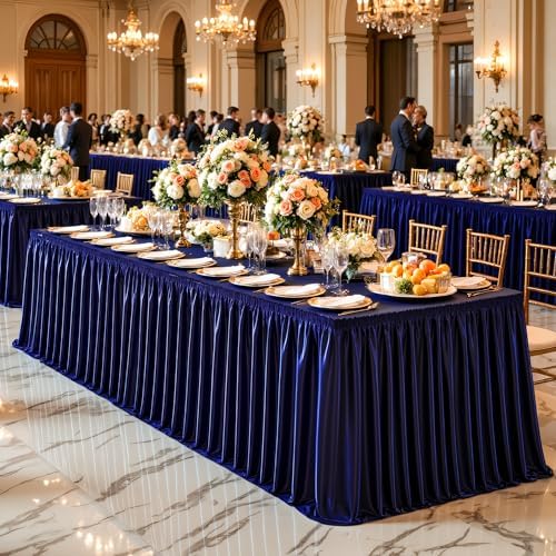 Wish Care 21ft Navy Blue Satin Long Table Skirt for Rectangle Tables Wrinkle Free Teacher Desk Skirt Glitter Ruffle Table Skirting Cloth for Back to School Classroom Office Birthday Party Table Decor