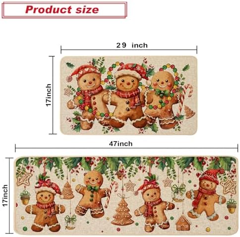 Baccessor Christmas Gingerbread Kitchen Rugs Set of 2,Merry Christmas Xmas Winter Kitchen Mats Washable Non Slip for Floor Hallway Laundry Sink Holiday Home Decor 17x29 and 17x47 Inch