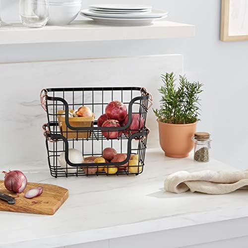 Amazon Basics Stackable Metal Wire Rectangular Storage Baskets for Kitchen, Bathroom or Pantry Organizing, 2 Count, Black
