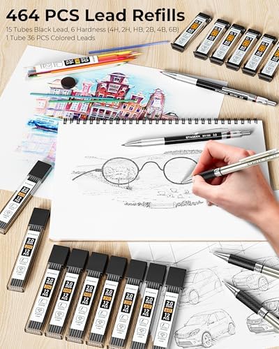 STAGEEK 30PCS Mechanical Pencil Set with Canvas Bag, 0.5, 0.7, 0.9 ＆ 2mm | Drawing Pencils with 464PCS Lead Refills (6B 4B 2B HB 2H 4H Color), Erasers, Sharpeners, Artist Pencil for Sketching Drafting