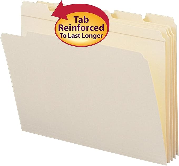 Smead File Folder, Reinforced 1/5-Cut Tab, Assorted Positions, Letter Size, Manila, 100 per Box (10356)