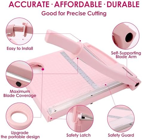 12" Paper Cutter, Precision Cut with Safety Protection and Blade Lock, 12 Sheet Capacity, Great for Cardstock, Cardboard, Photo, Vinyl, Crafts, Scrapbook (Pink)