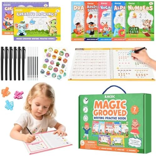 Magic Grooved Writing Practice for Kids Ages 3-8, 7 Reusable Large Books