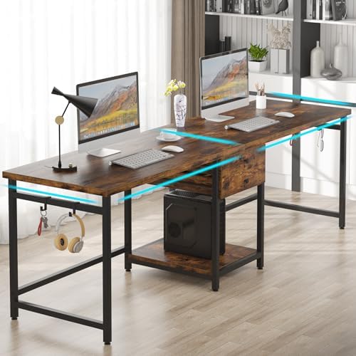 Tribesigns Two Person Desk, 79 Inch Double Desk with 2 Drawers, Large Computer Desk Long Desks with Storage Shelves, Writing Table Study Desk for Home Office, Rustic Brown (NY001)
