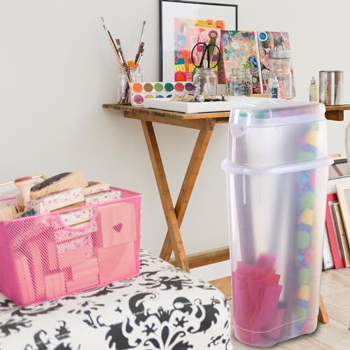 Rubbermaid Wrap N' Craft Plastic Wrapping Paper Organizer Storage Container with Top Ornament Storage Compartment for 20 Standard 30 Inch Rolls, Clear