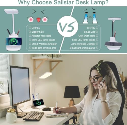 LED Desk Lamp with 10W Wireless Charging & Pen Holder, Snow White