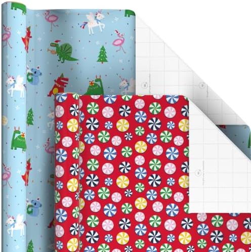 Hallmark Kids Christmas Wrapping Paper Rolls with Cutlines on Reverse (6 Rolls: 180 Sq. Ft. Total) Dinosaur, Unicorn, Flamingo, Koala