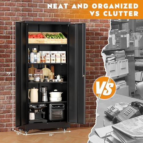 Greenvelly 73" Metal Storage Cabinet with Wheels, Lockable Rolling Metal Garage Cabinets with 2 Doors and 4 Adjustable Shelves, Rolling Tool Cabinet for Garage, Home Office, School