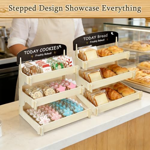 Wooden Cookie Display Stand with Chalkboard Sign for Market Booths, Craft Fairs & Events 3- Tier Cookie Display for Bakers & Vendors to Show Cupcakes, Bread, Muffins & Pastries