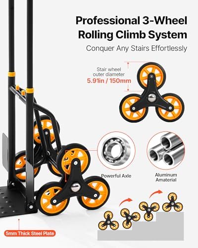 VEVOR Stair Climbing Cart 440 lbs, 330 lbs Stair-Climbing Capacity, Heavy-Duty Folding Trolley Cart with Telescoping Handle, 6 Wheels and 2 Bungee Cords for Home, Groceries, Warehouse