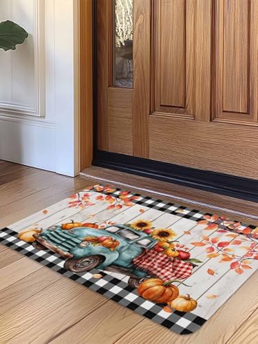 Fall Door Mat Harvest Pumpkin Teal Truck Doormat Sunflower Maple Leaves Wood Plaid Harvest Thanksgiving Welcome Mat Non Slip Entryway Front Rug Floor Mat for Indoor Outdoor Kitchen Autumn 20x32