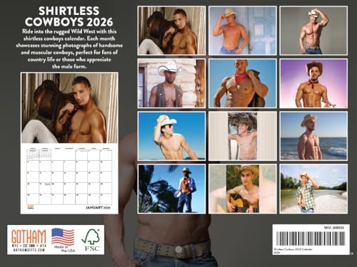 Sexy Cowboy Calendar 2026 Shirtless Men Monthly Wall Calender 12 Month | American Made In The USA