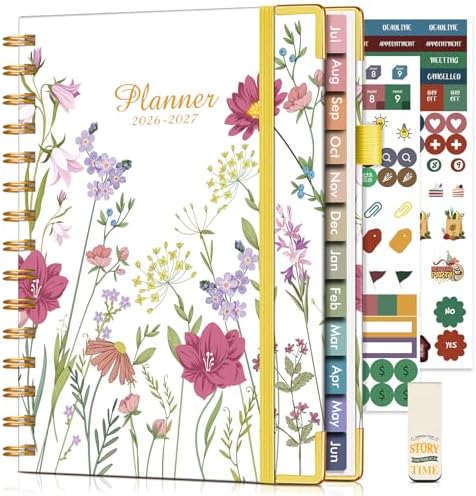 Academic Planner 2026-2027, Hardcover Weekly and Monthly Calendar Planner from July 2026 - June 2027, 6.1" x 8.2" A5 Daily Agenda with Tabs, College School Organizer for Student Teacher, Ivory Wild Flowers