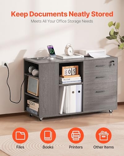VEVOR 3 Drawer Wooden File Cabinet, Mobile Filing Cabinet with Power Strip, Lockable Rolling File Storage with Adjustable Shelves & 5 Wheels, Floor Standing Printer Stand for Home Office School, Gray