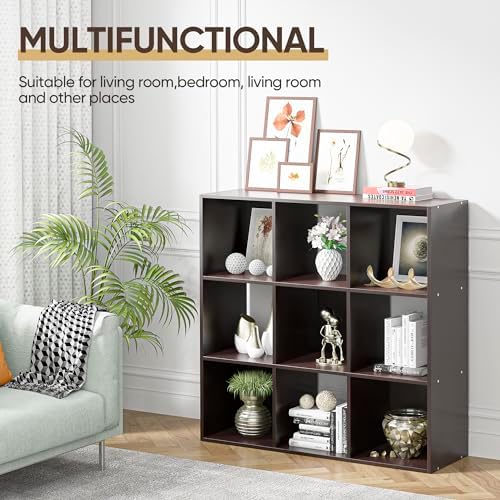 SUPER DEAL 9 Cube Storage Organizer, 3 Tier Bookshelf Open Shelf Display Rack with 5 Removable Back Panels Wood Bookshelf System for Home, Office, Bedroom, Living Room, Dark Brown