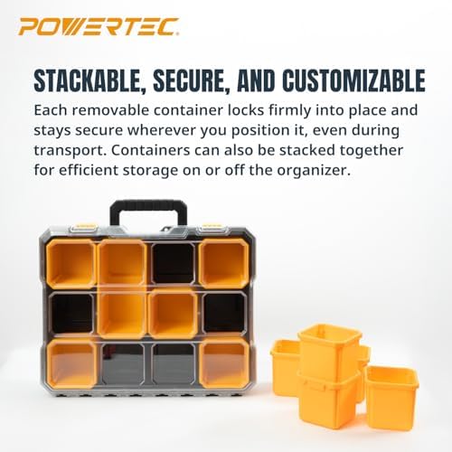 POWERTEC Small Parts Organizer & Tool Box – 10 Compartments, IP65 Water & Dust Protection, Stackable Storage with Interlocking Latch, Removable Tray, Clear Lid, Portable Design (72365)